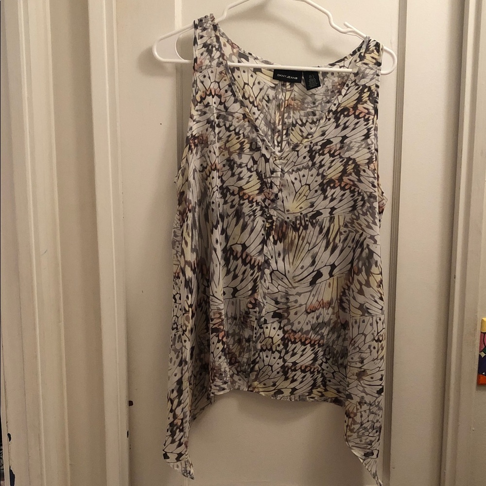 DKNY Cream Multicolor Butterfly wing Print Sleeveless V-Neck Tank